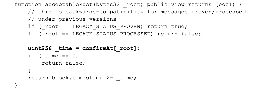 The message verification flow now includes a call to the acceptableRoot() method which in turn references confirmAt map