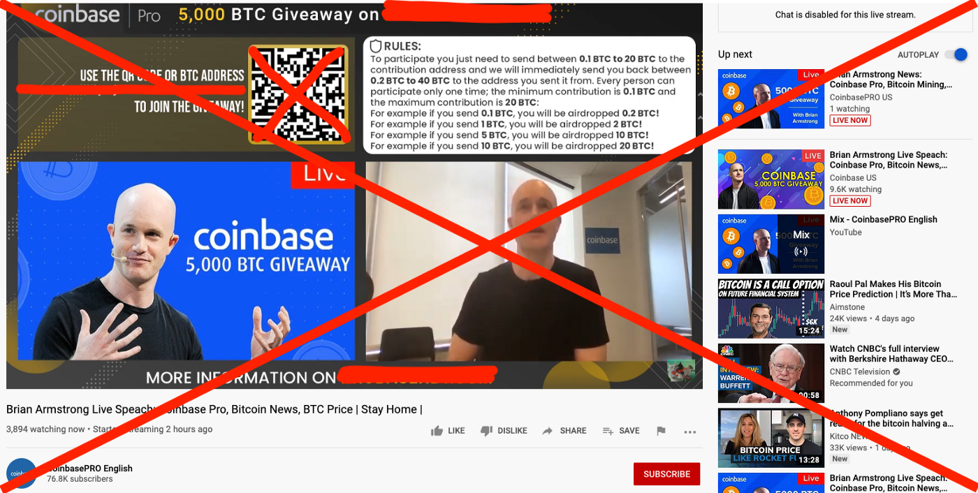 YouTube account impersonating Coinbase and live streaming a dated ask me anything (AMA) video with Coinbase CEO Brian Armstrong.