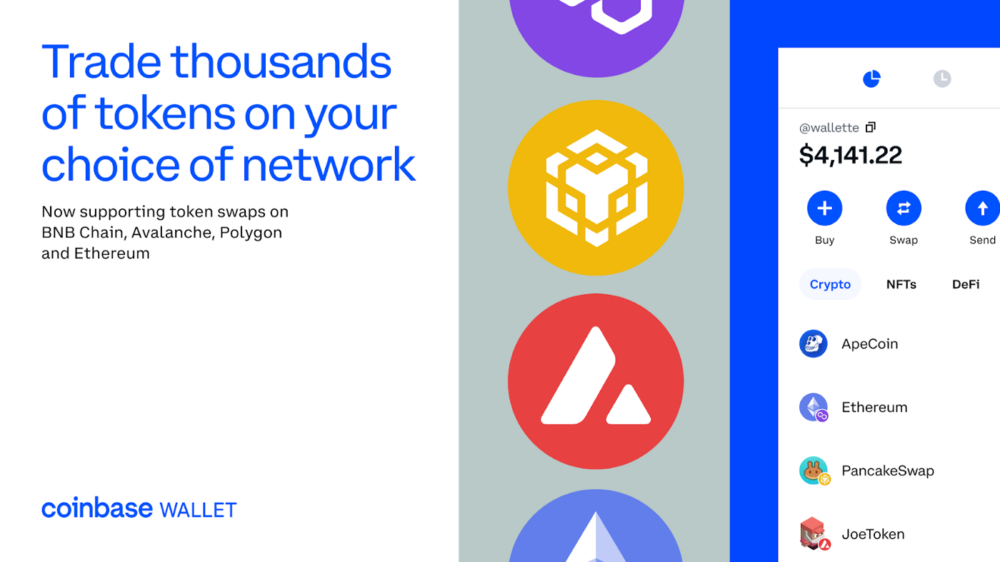 Trade thousands of tokens on your choice of network in Coinbase Wallet